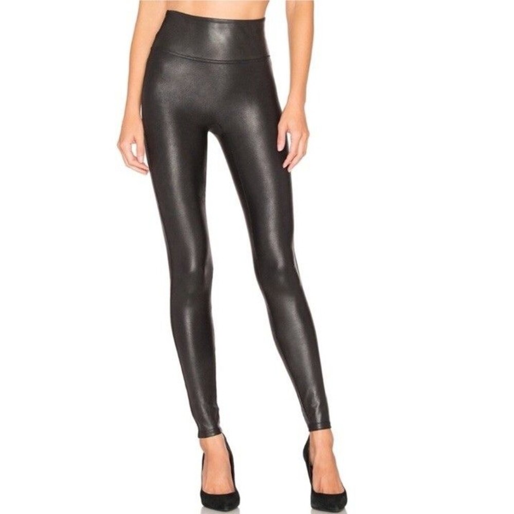 SPANX Faux Leather Leggings High Waisted Stretch Black Slimming Pants Size L NEW